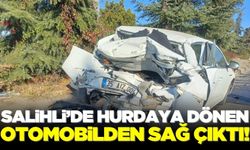 Salihli'de tırın arkadan çarptığı otomobil hurdaya dönerken sürücü sağ olarak kurtarıldı