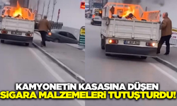 Seyir halindeki kamyonetin taşıdığı malzemeler alev alev yandı